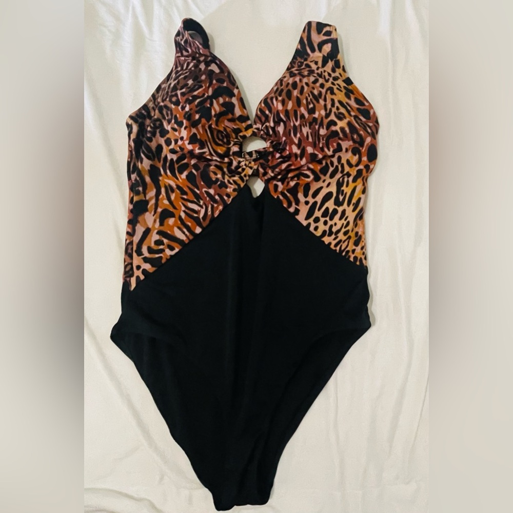 Leopard Print and Black One Piece Swimsuit